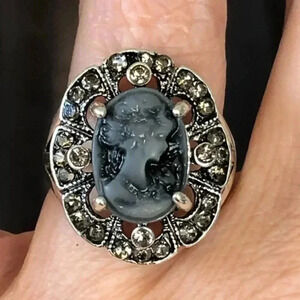 Gray Grey Jeweled Vintage Style Cameo Lady Portrait Crystal Silver Ring